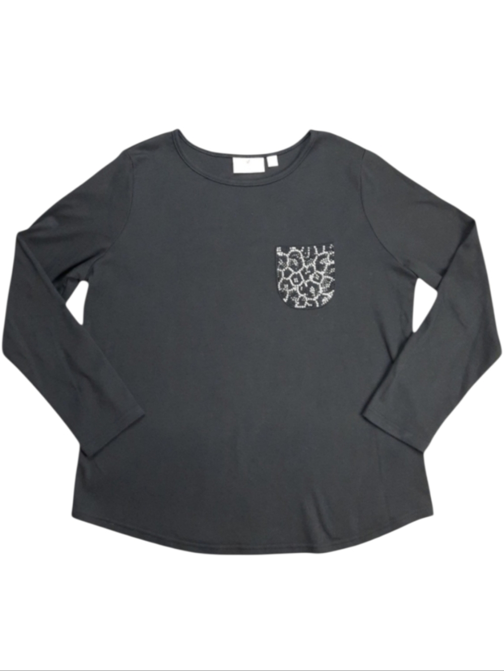 Quacker Factory Crystal Pocket Long Sleeve Black Top SZ L